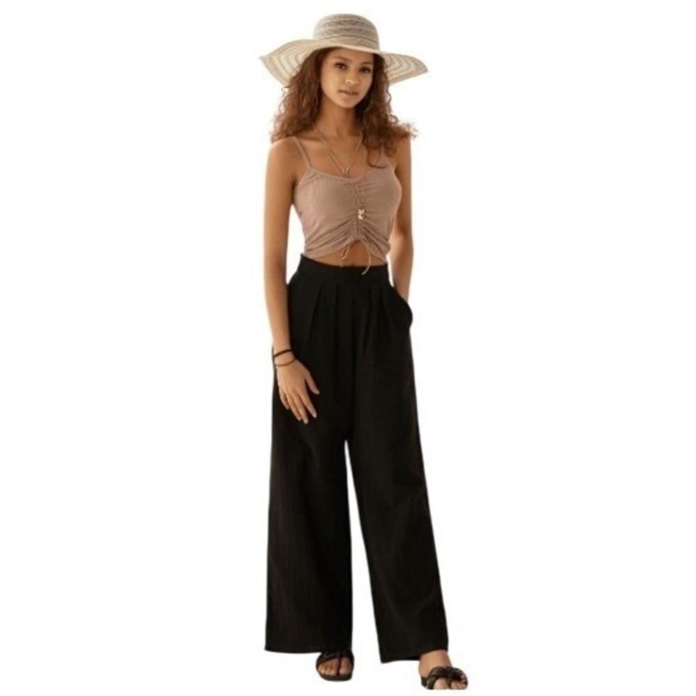 NOFLIK Black 100% Cotton Wide Leg Pants Smocked Waist Coastal Relaxed M‎ NWT